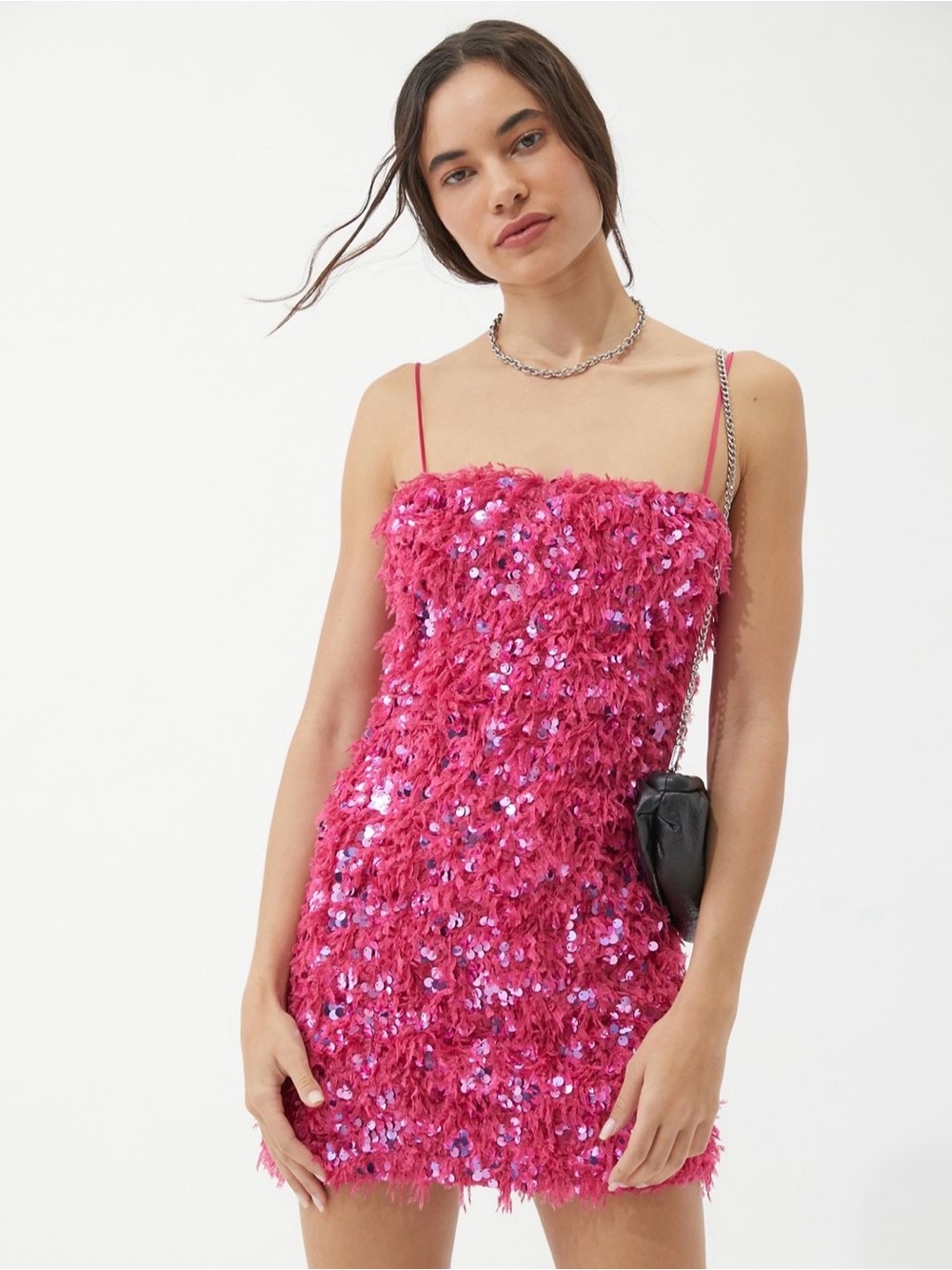 NWT Urban Outfitters Camila feathers  Pink Sequin Fringe Mini Dress
